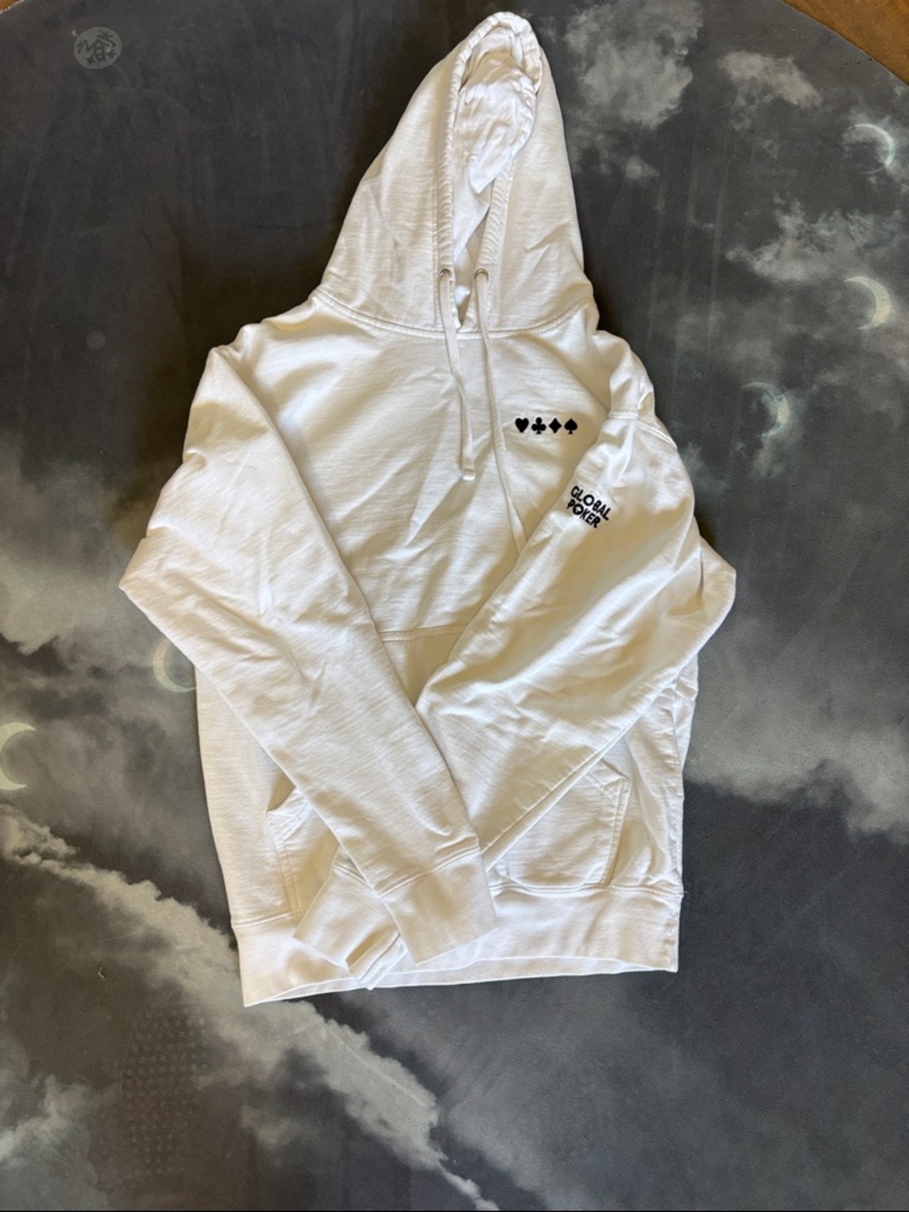 Global Poker White Hoodie with Card Suit Icons